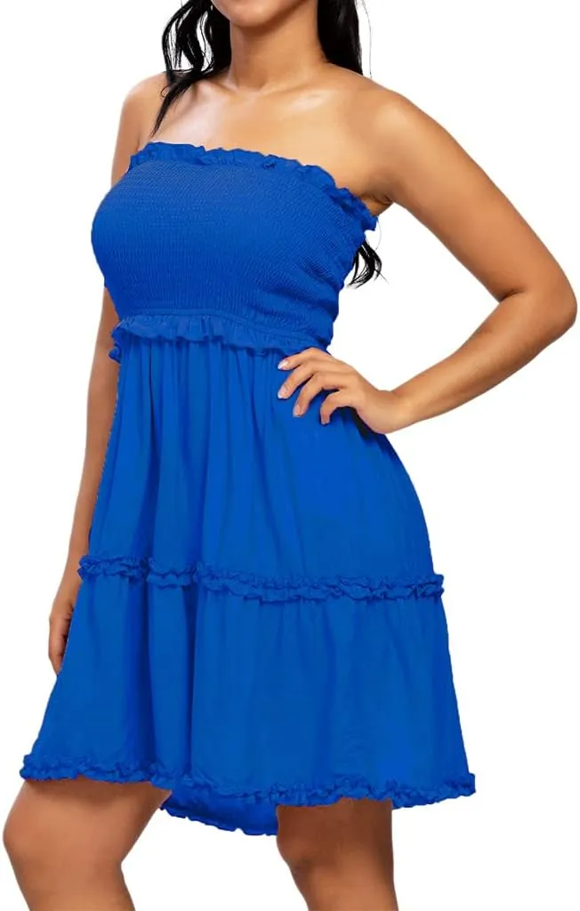 Womens Summer Beach Boho Ruffle Sleeveless Adjustable Straps Tube Top Mini Dress Ruffle Cover Up Dresses