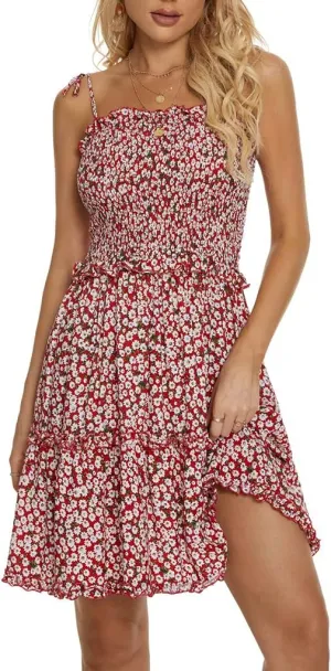 Womens Summer Beach Boho Ruffle Sleeveless Adjustable Straps Tube Top Mini Dress Ruffle Cover Up Dresses