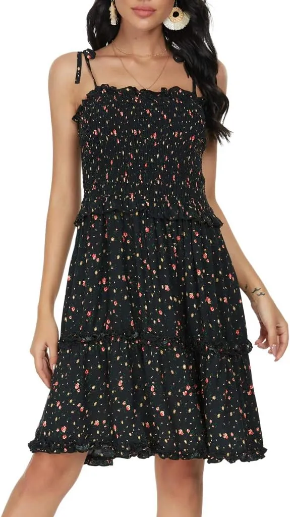 Womens Summer Beach Boho Ruffle Sleeveless Adjustable Straps Tube Top Mini Dress Ruffle Cover Up Dresses
