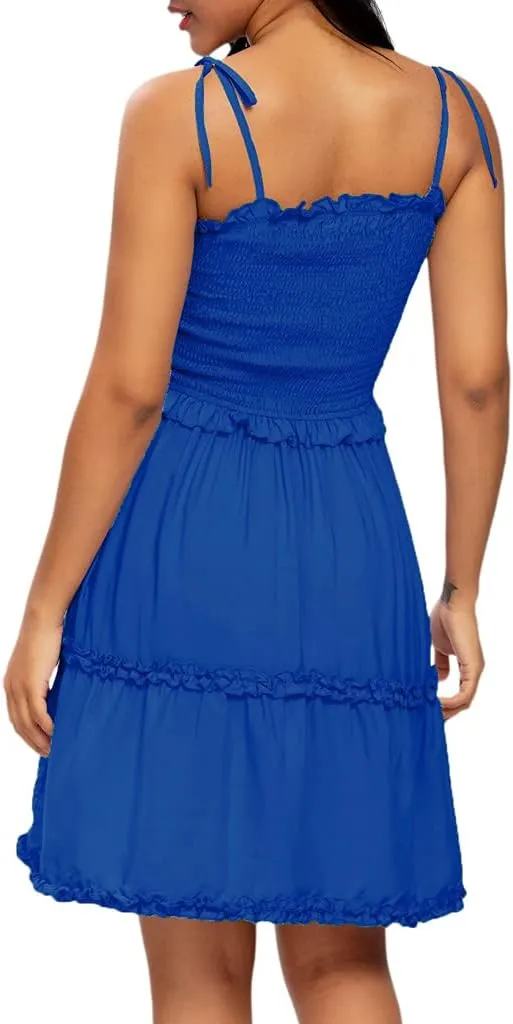 Womens Summer Beach Boho Ruffle Sleeveless Adjustable Straps Tube Top Mini Dress Ruffle Cover Up Dresses