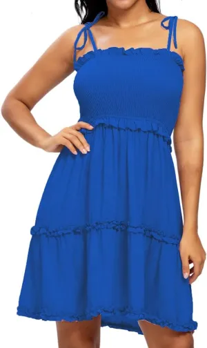 Womens Summer Beach Boho Ruffle Sleeveless Adjustable Straps Tube Top Mini Dress Ruffle Cover Up Dresses