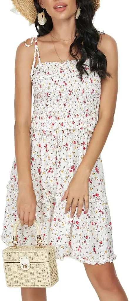 Womens Summer Beach Boho Ruffle Sleeveless Adjustable Straps Tube Top Mini Dress Ruffle Cover Up Dresses