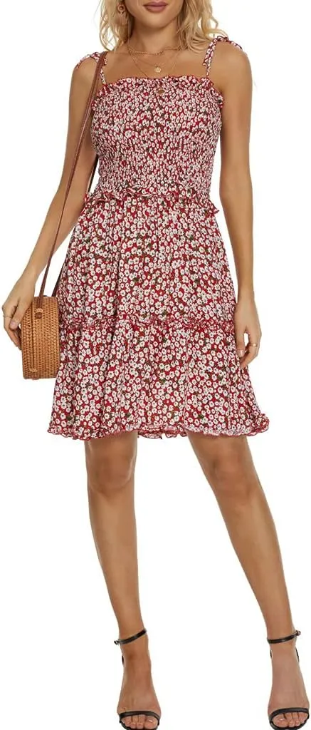 Womens Summer Beach Boho Ruffle Sleeveless Adjustable Straps Tube Top Mini Dress Ruffle Cover Up Dresses