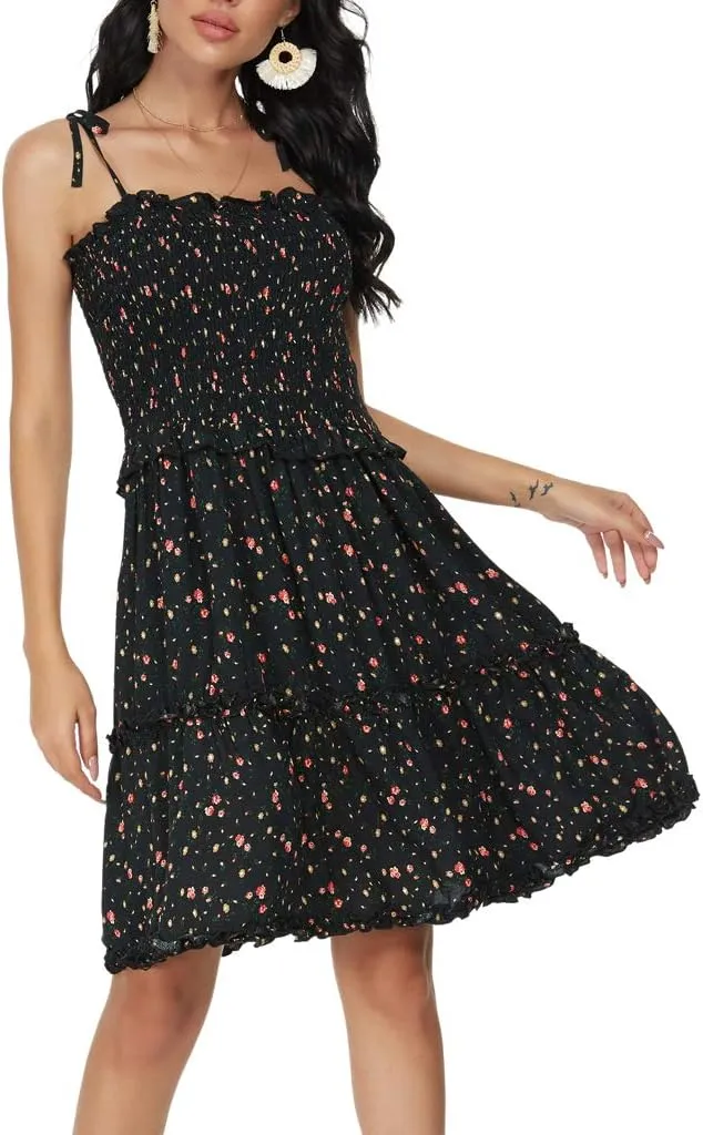 Womens Summer Beach Boho Ruffle Sleeveless Adjustable Straps Tube Top Mini Dress Ruffle Cover Up Dresses