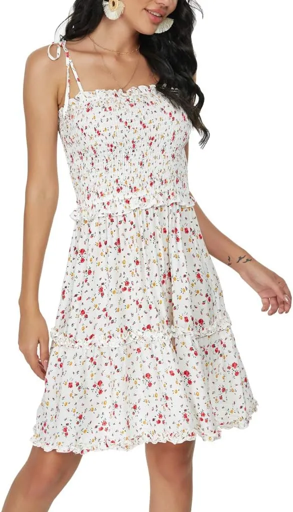 Womens Summer Beach Boho Ruffle Sleeveless Adjustable Straps Tube Top Mini Dress Ruffle Cover Up Dresses