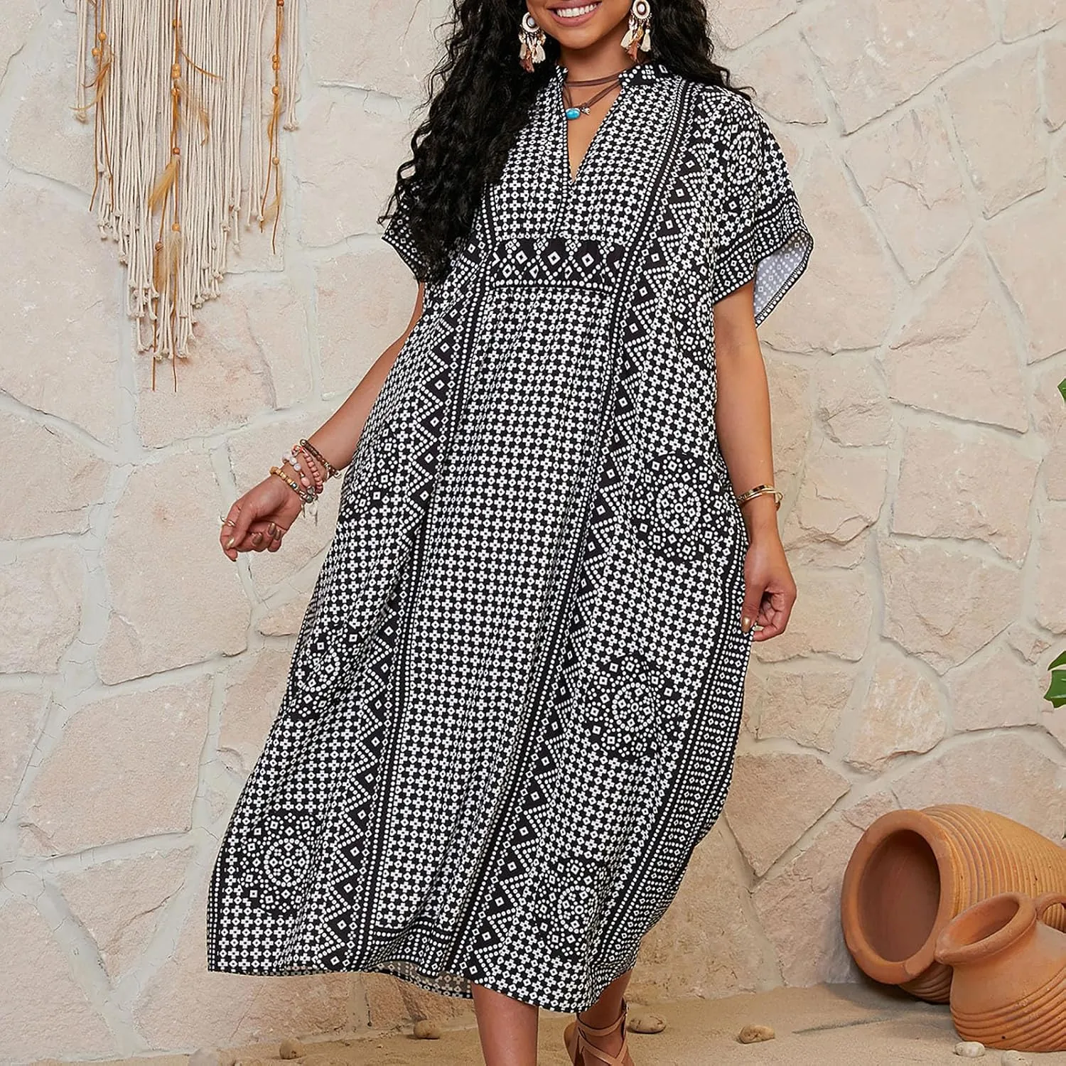 Womens Summer Beach Cover Up Swimsuit Cotton Short Cap Sleeve V Neck Bathing Suit Swimwear Vintage Boho Maxi Dresses