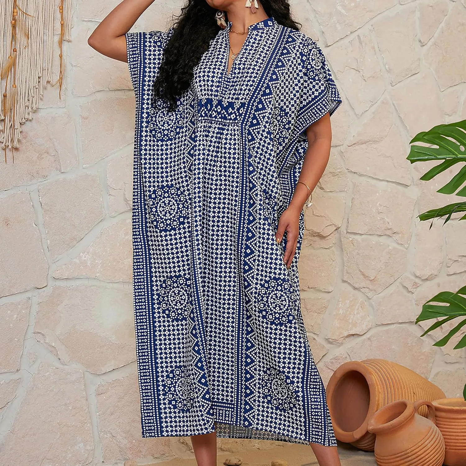 Womens Summer Beach Cover Up Swimsuit Cotton Short Cap Sleeve V Neck Bathing Suit Swimwear Vintage Boho Maxi Dresses