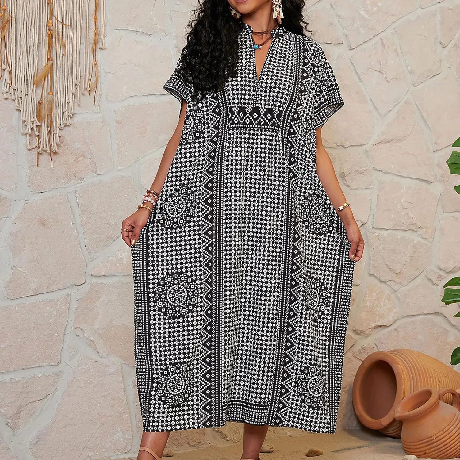 Womens Summer Beach Cover Up Swimsuit Cotton Short Cap Sleeve V Neck Bathing Suit Swimwear Vintage Boho Maxi Dresses