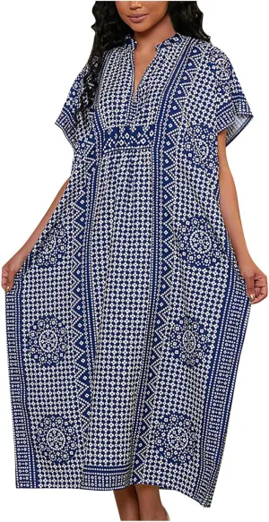 Womens Summer Beach Cover Up Swimsuit Cotton Short Cap Sleeve V Neck Bathing Suit Swimwear Vintage Boho Maxi Dresses