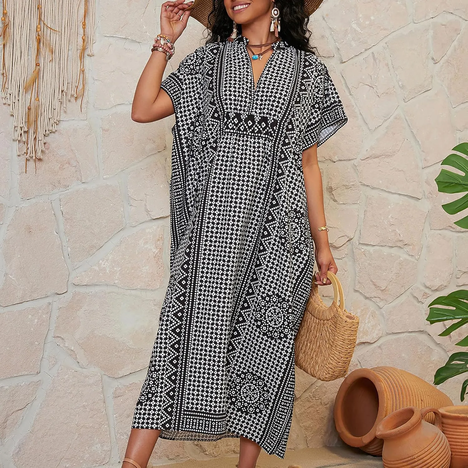 Womens Summer Beach Cover Up Swimsuit Cotton Short Cap Sleeve V Neck Bathing Suit Swimwear Vintage Boho Maxi Dresses