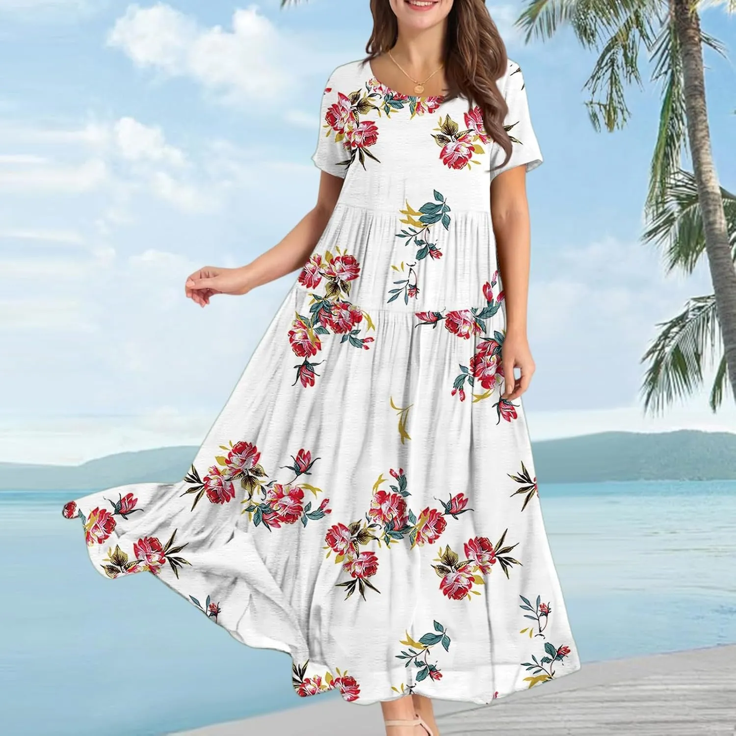 Women's Summer Bohemian Floral Pattern A Line Short Sleeve High Neck Strapless Pleated Swing Vacation Midi Dresses