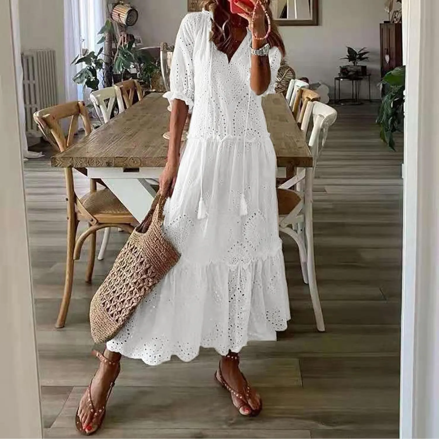 Women's Summer Boho Floral Maxi Dresses Flowy Casual Ruffle Tiered Long Tshirt Dress Beach Vacation Dresses