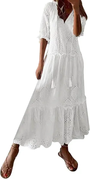 Women's Summer Boho Floral Maxi Dresses Flowy Casual Ruffle Tiered Long Tshirt Dress Beach Vacation Dresses
