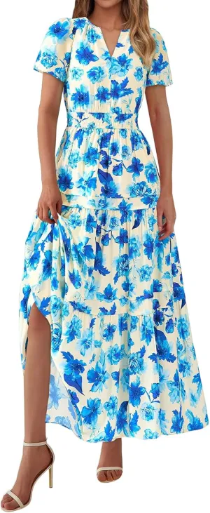 Womens Summer Boho Maxi Dresses Floral V Neck Short Sleeve A Line Dress Tiered Ruffle Flowy Beach Long Casual Dress