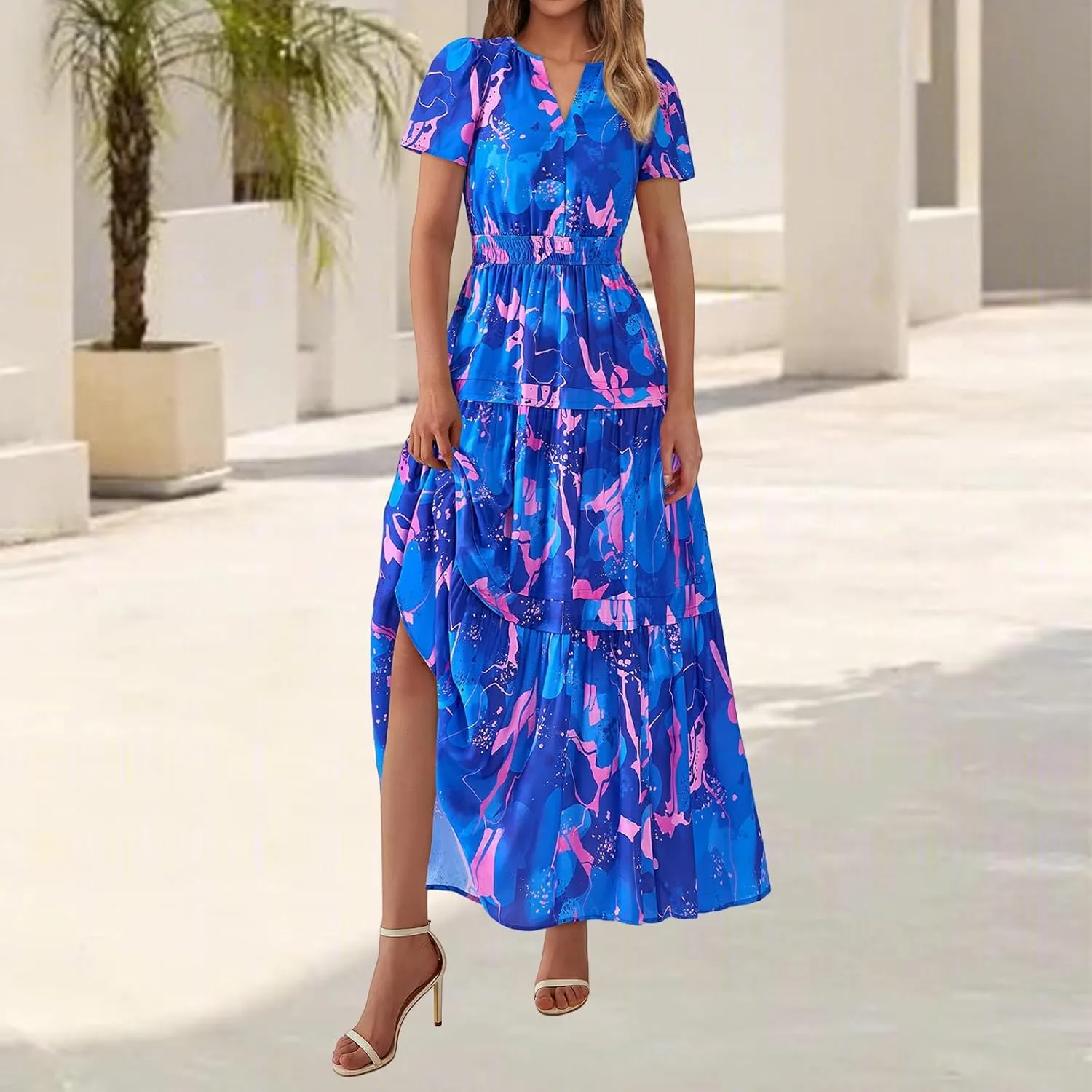 Womens Summer Boho Maxi Dresses Floral V Neck Short Sleeve A Line Dress Tiered Ruffle Flowy Beach Long Casual Dress