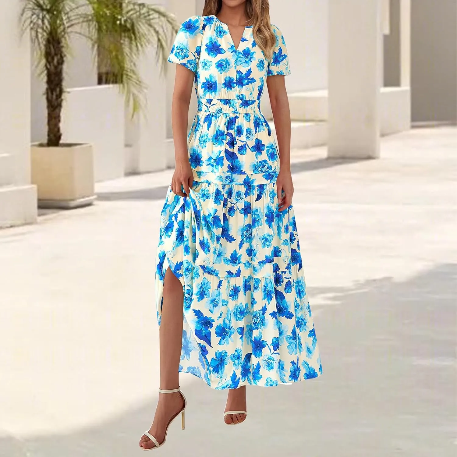 Womens Summer Boho Maxi Dresses Floral V Neck Short Sleeve A Line Dress Tiered Ruffle Flowy Beach Long Casual Dress