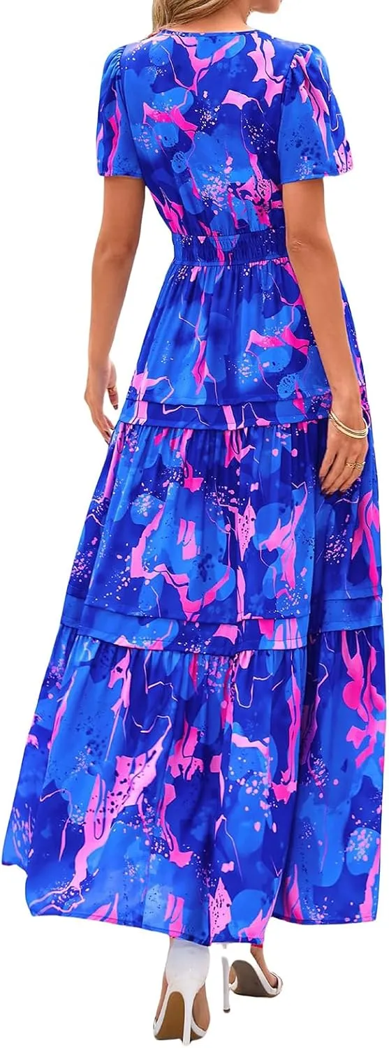 Womens Summer Boho Maxi Dresses Floral V Neck Short Sleeve A Line Dress Tiered Ruffle Flowy Beach Long Casual Dress