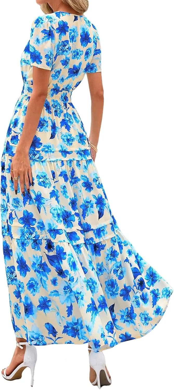 Womens Summer Boho Maxi Dresses Floral V Neck Short Sleeve A Line Dress Tiered Ruffle Flowy Beach Long Casual Dress