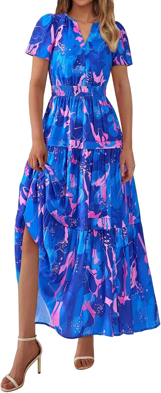 Womens Summer Boho Maxi Dresses Floral V Neck Short Sleeve A Line Dress Tiered Ruffle Flowy Beach Long Casual Dress
