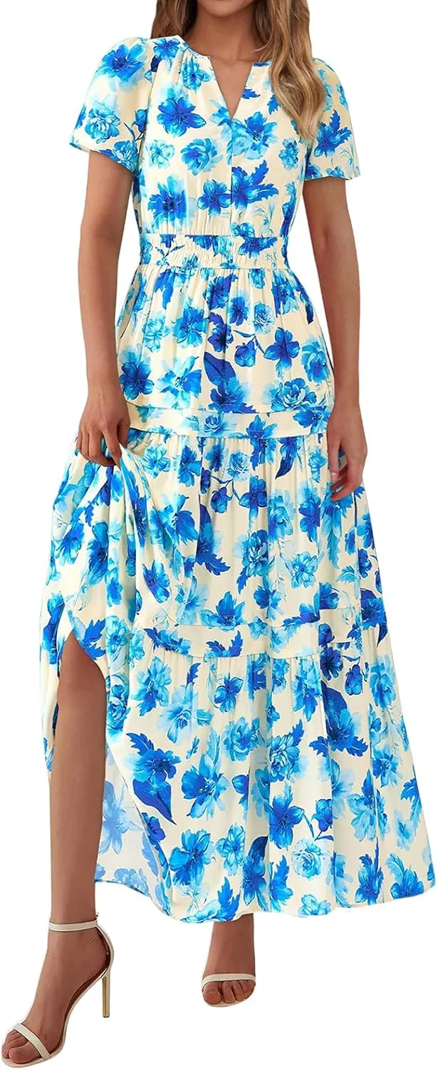 Womens Summer Boho Maxi Dresses Floral V Neck Short Sleeve A Line Dress Tiered Ruffle Flowy Beach Long Casual Dress