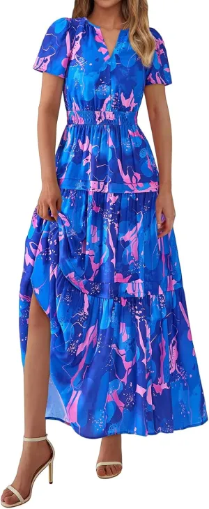 Womens Summer Boho Maxi Dresses Floral V Neck Short Sleeve A Line Dress Tiered Ruffle Flowy Beach Long Casual Dress