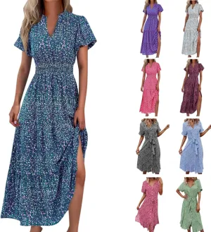 Women's Summer Casual Floral Print Short Sleeve V-Neck Boho Vacation Maxi Dress