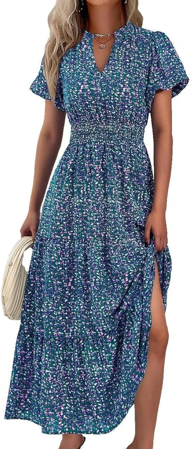 Women's Summer Casual Floral Print Short Sleeve V-Neck Boho Vacation Maxi Dress