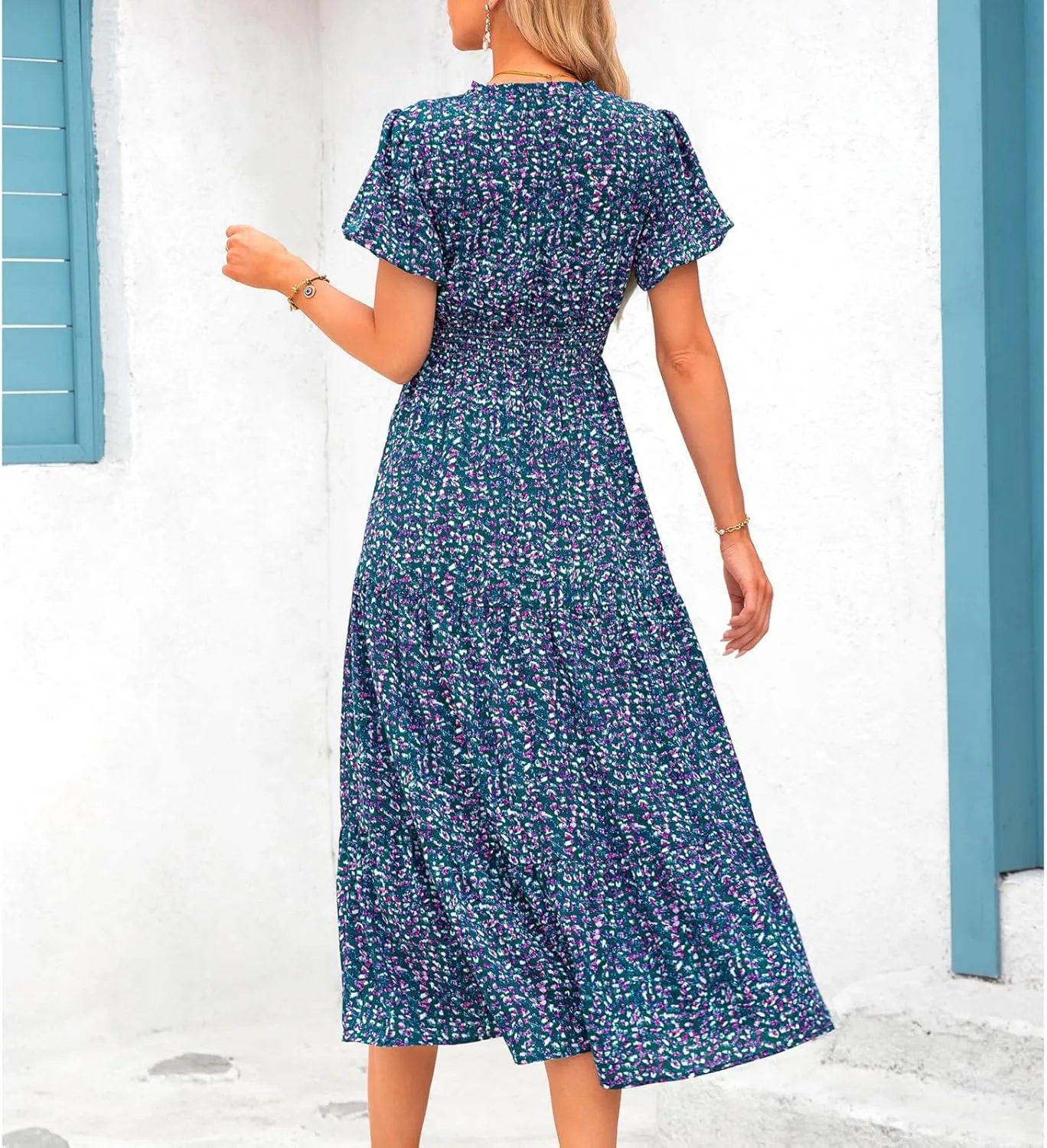 Women's Summer Casual Floral Print Short Sleeve V-Neck Boho Vacation Maxi Dress