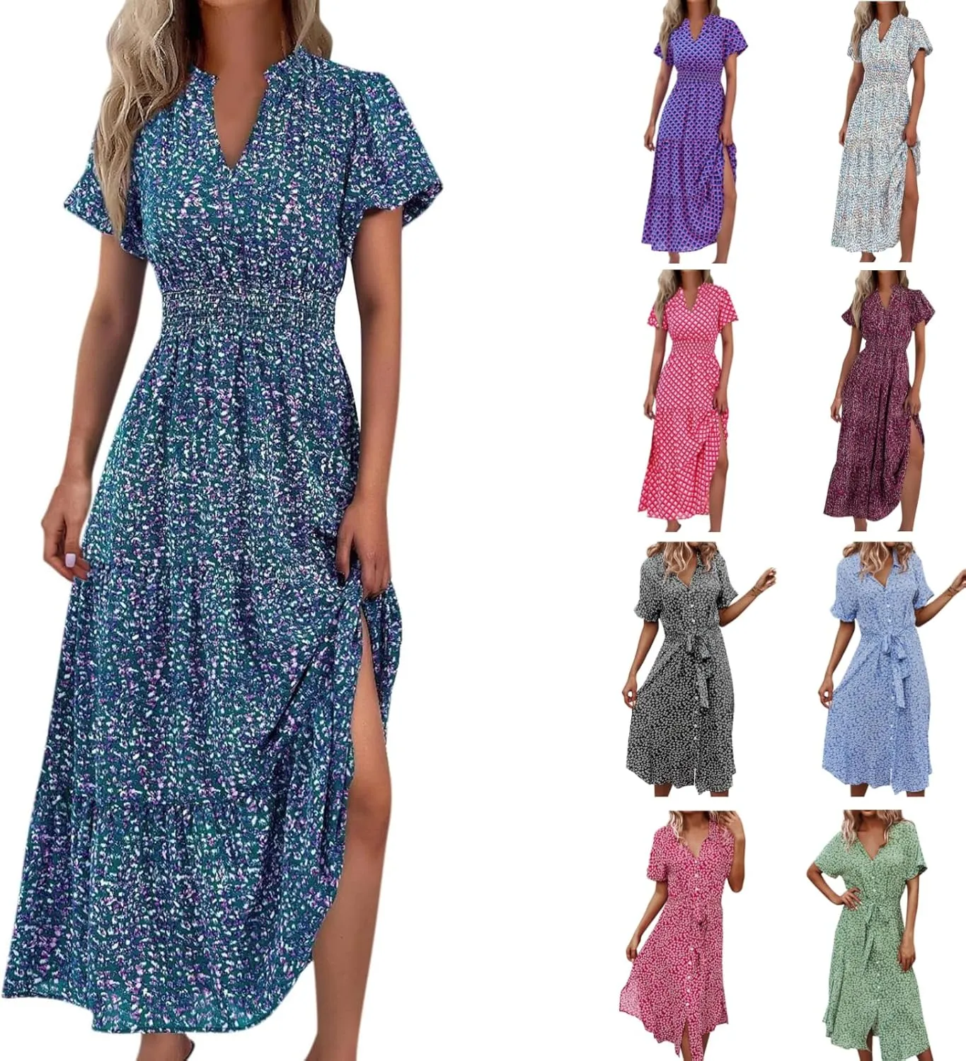 Women's Summer Casual Floral Print Short Sleeve V-Neck Boho Vacation Maxi Dress