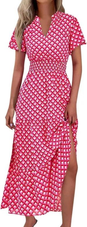 Women's Summer Casual Floral Print Short Sleeve V-Neck Boho Vacation Maxi Dress