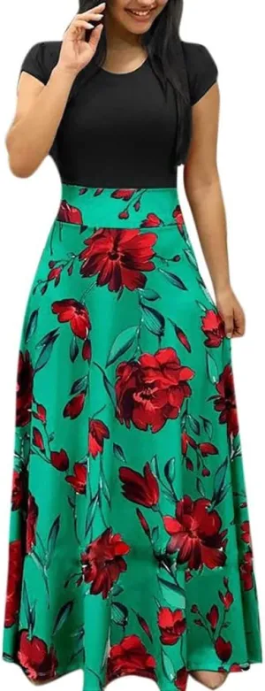 Women's Summer Casual Loose Trendy Short Sleeve Round Neck Polka Dot Stripe Printed Vacation Boho Maxi Dresses