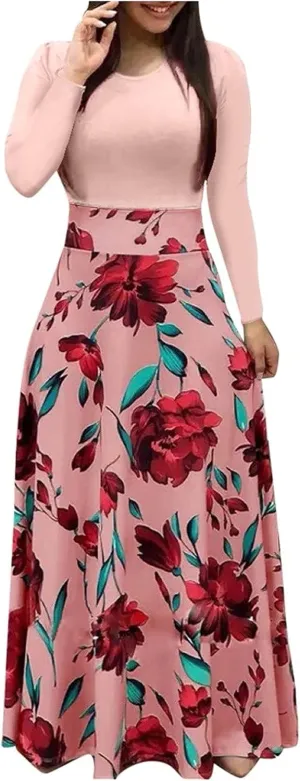 Women's Summer Casual Loose Trendy Short Sleeve Round Neck Polka Dot Stripe Printed Vacation Boho Maxi Dresses