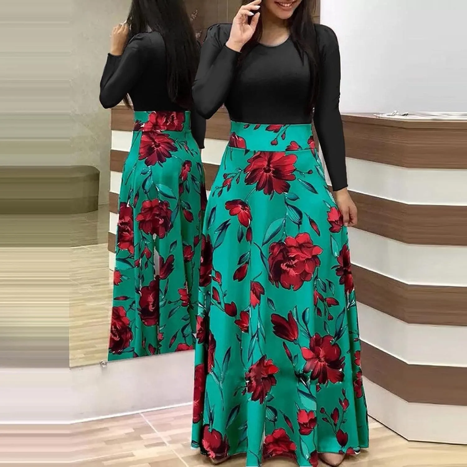 Women's Summer Casual Loose Trendy Short Sleeve Round Neck Polka Dot Stripe Printed Vacation Boho Maxi Dresses