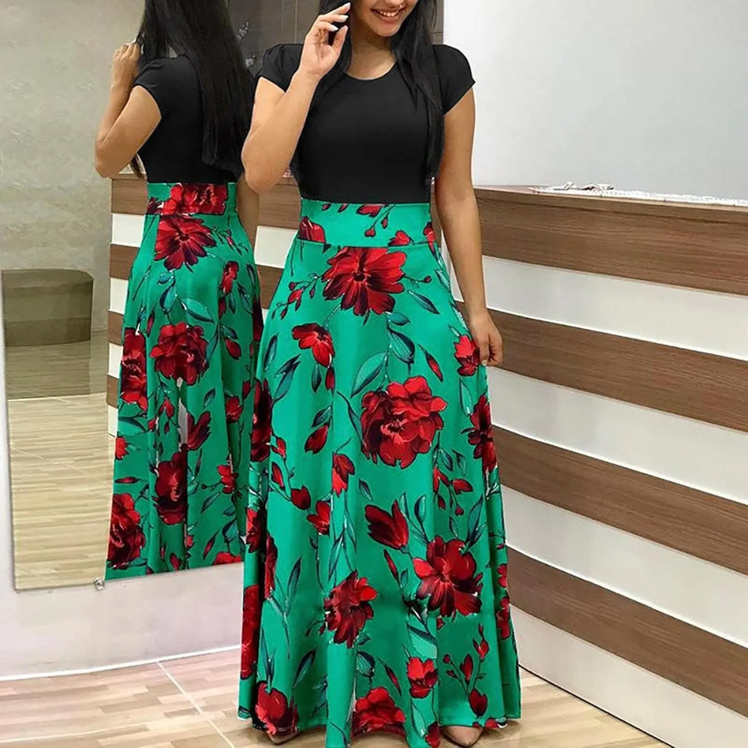 Women's Summer Casual Loose Trendy Short Sleeve Round Neck Polka Dot Stripe Printed Vacation Boho Maxi Dresses