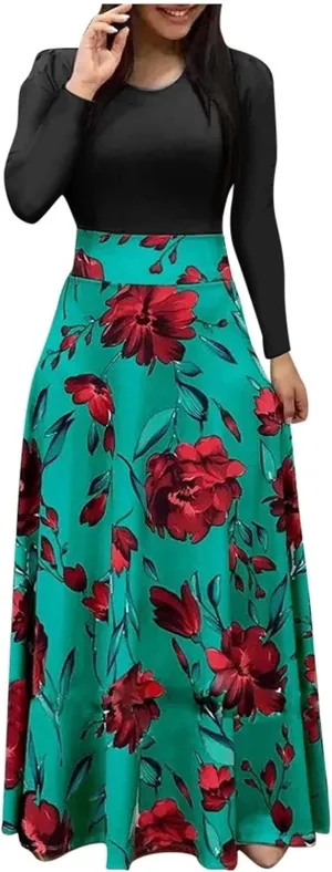 Women's Summer Casual Loose Trendy Short Sleeve Round Neck Polka Dot Stripe Printed Vacation Boho Maxi Dresses