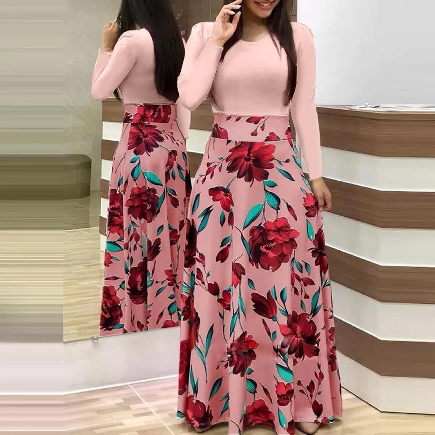 Women's Summer Casual Loose Trendy Short Sleeve Round Neck Polka Dot Stripe Printed Vacation Boho Maxi Dresses