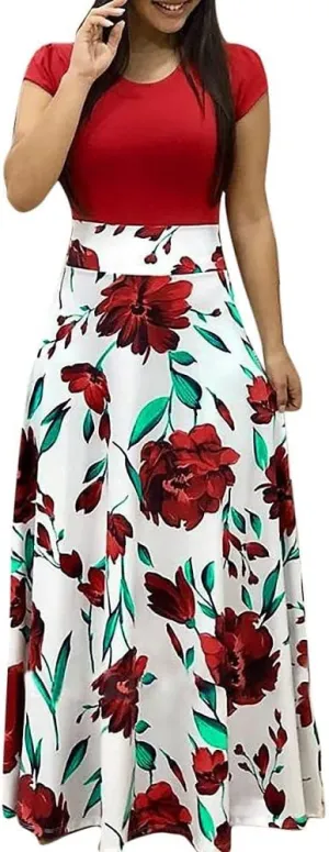 Women's Summer Casual Loose Trendy Short Sleeve Round Neck Polka Dot Stripe Printed Vacation Boho Maxi Dresses