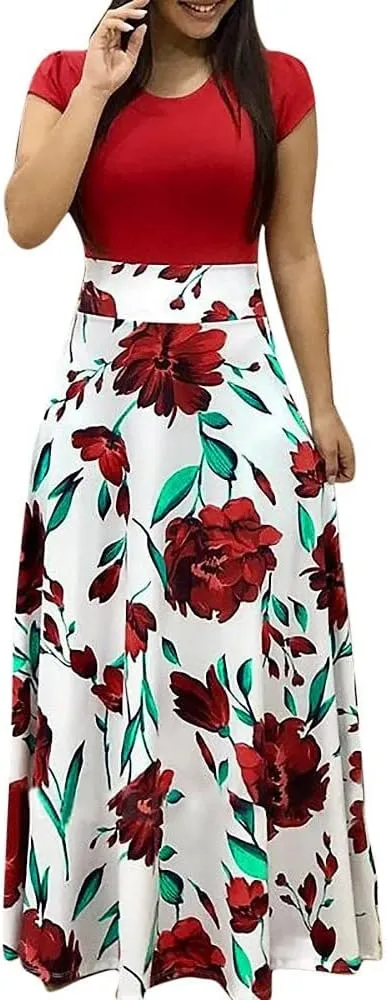 Women's Summer Casual Loose Trendy Short Sleeve Round Neck Polka Dot Stripe Printed Vacation Boho Maxi Dresses