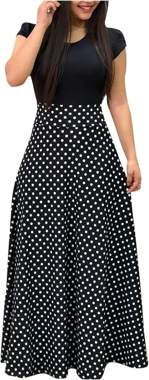 Women's Summer Casual Loose Trendy Short Sleeve Round Neck Polka Dot Stripe Printed Vacation Boho Maxi Dresses