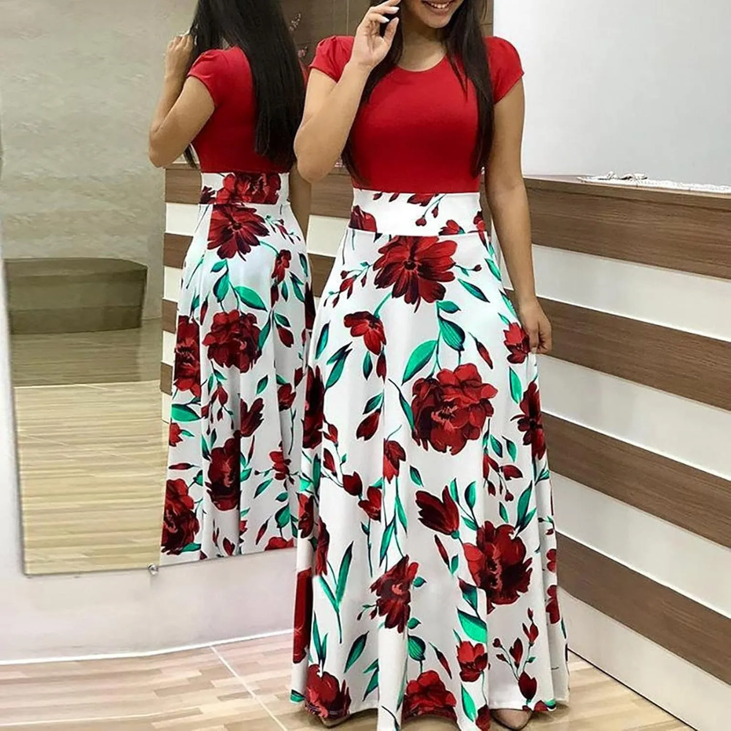 Women's Summer Casual Loose Trendy Short Sleeve Round Neck Polka Dot Stripe Printed Vacation Boho Maxi Dresses