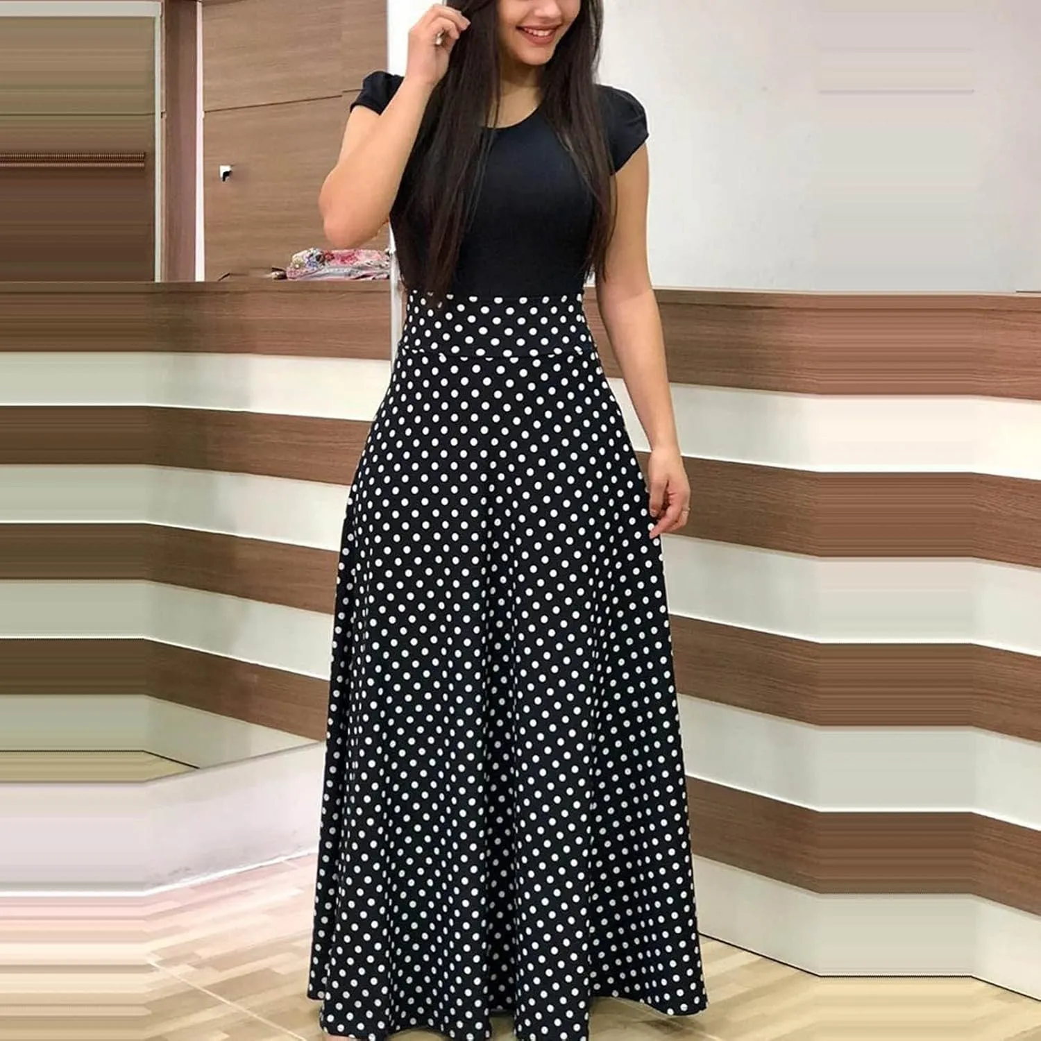 Women's Summer Casual Loose Trendy Short Sleeve Round Neck Polka Dot Stripe Printed Vacation Boho Maxi Dresses