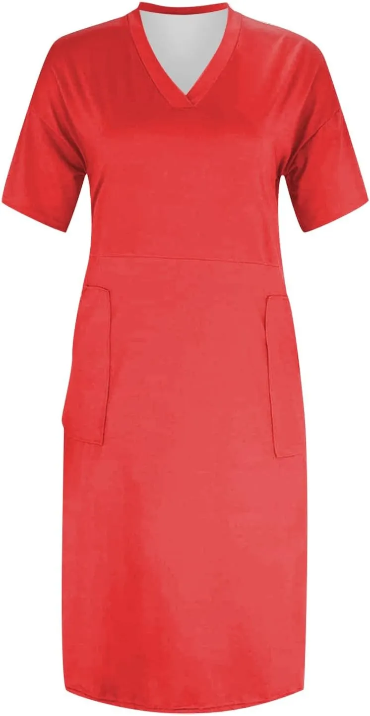 Women's Summer Casual Solid V-Neck Short Sleeve Midi Dress Plus Size with Pocket