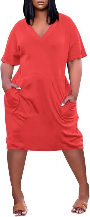Women's Summer Casual Solid V-Neck Short Sleeve Midi Dress Plus Size with Pocket
