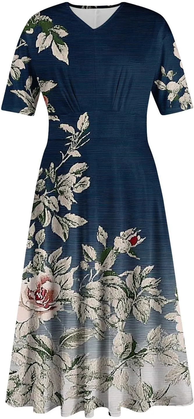 Women's Summer Casual Trendy Dress Short Sleeve V-Neck Bohemian Floral Print Elegant Maxi Dresses, S-2XL