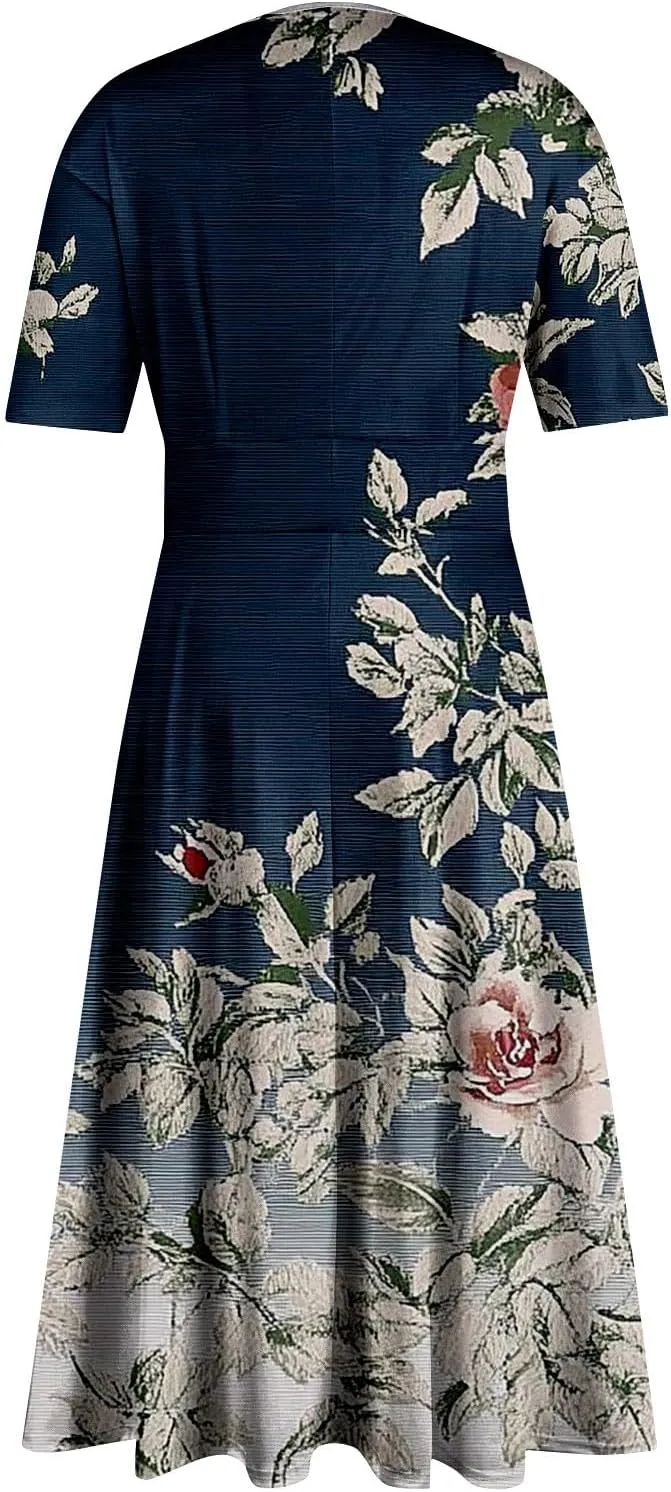 Women's Summer Casual Trendy Dress Short Sleeve V-Neck Bohemian Floral Print Elegant Maxi Dresses, S-2XL