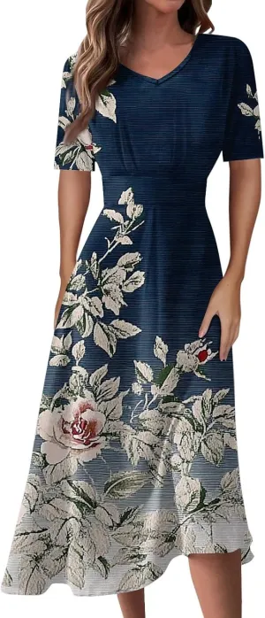 Women's Summer Casual Trendy Dress Short Sleeve V-Neck Bohemian Floral Print Elegant Maxi Dresses, S-2XL