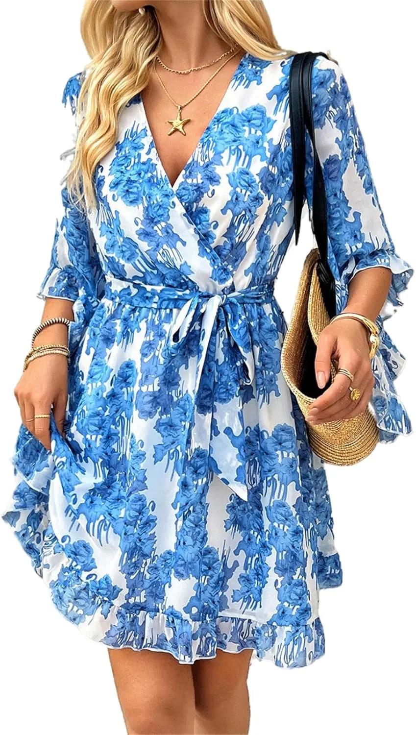 Women's Summer Dress Casual Floral Ruffled 3/4 Sleeve Boho Mini Dress Sexy V Neck A-Line Swing Chiffon Dresses