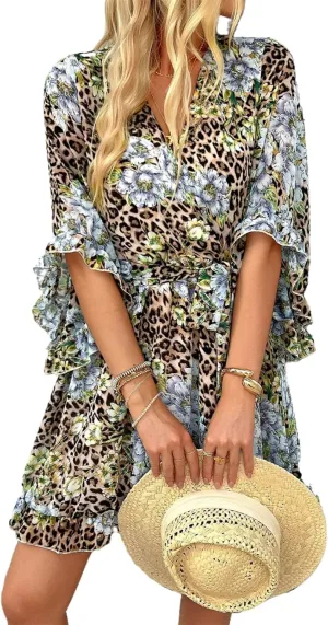 Women's Summer Dress Casual Floral Ruffled 3/4 Sleeve Boho Mini Dress Sexy V Neck A-Line Swing Chiffon Dresses
