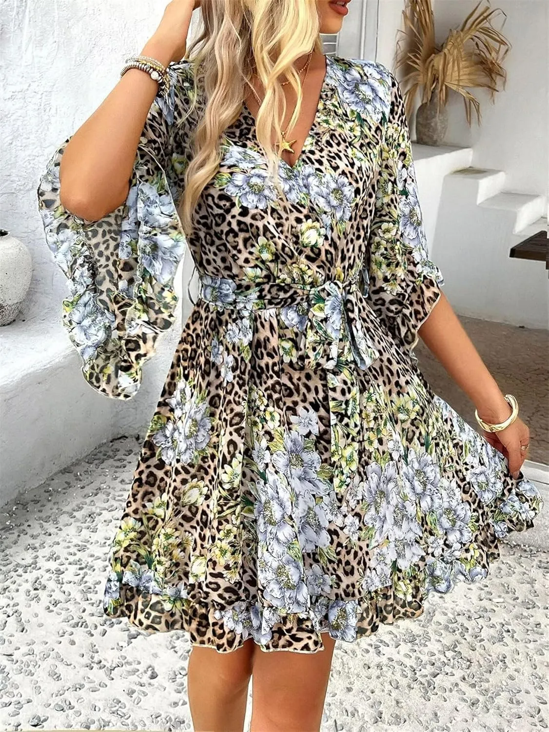 Women's Summer Dress Casual Floral Ruffled 3/4 Sleeve Boho Mini Dress Sexy V Neck A-Line Swing Chiffon Dresses