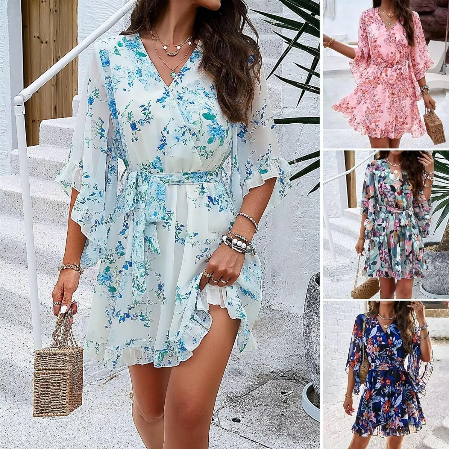 Women's Summer Dress Casual Floral Ruffled 3/4 Sleeve Boho Mini Dress Sexy V Neck A-Line Swing Chiffon Dresses